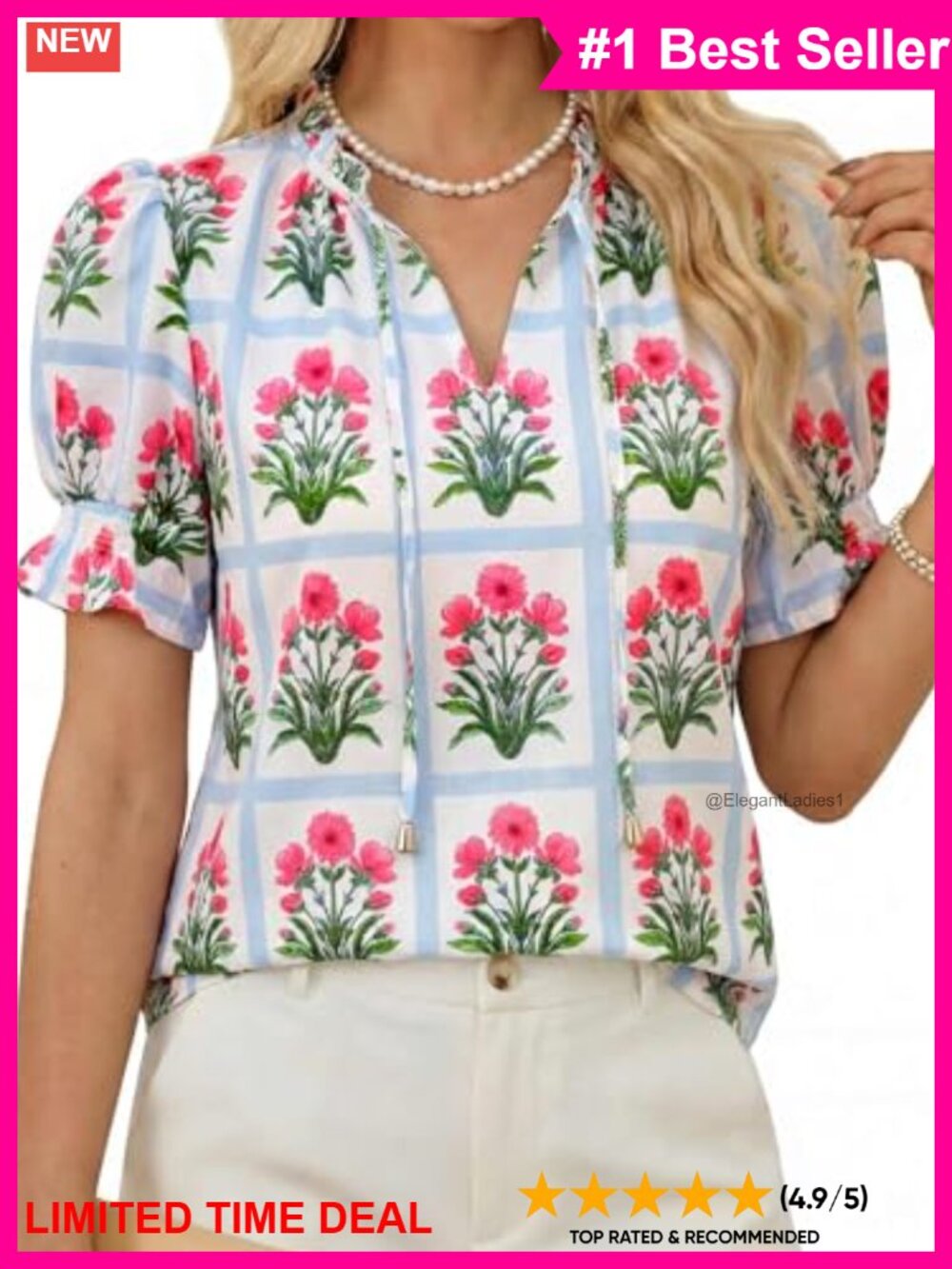 Women Summer Floral Ruffle V Neck Puff Sleeve Boho Blouse